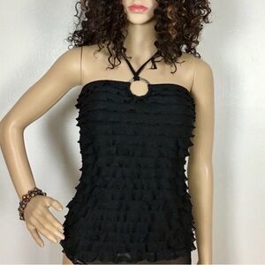 Profile Black Ruffled Halter Top Festival & Beachwear Silver Ring Size S